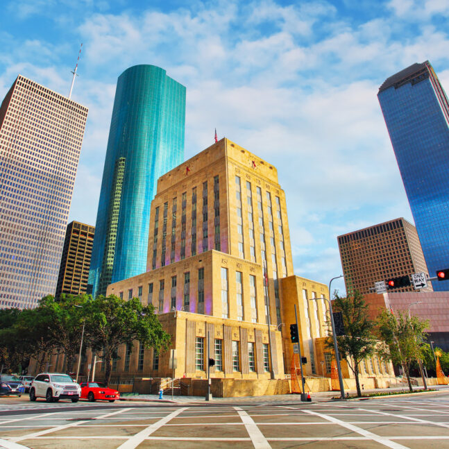 City hall with skyscrapers in Houston city, Texas - USA