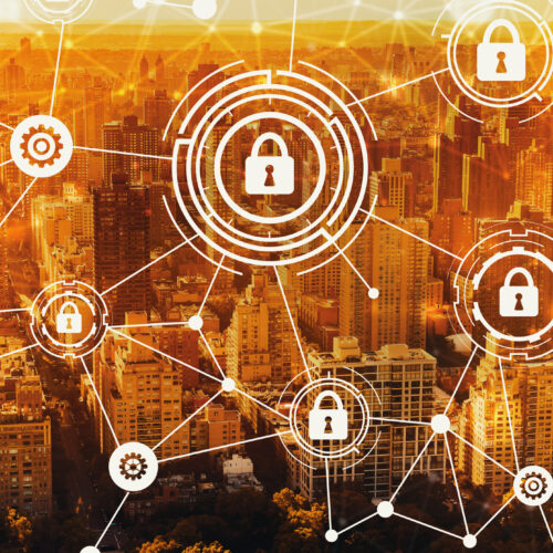 Cyber Graphic Cyber security with aerial view of Manhattan, NY skyline