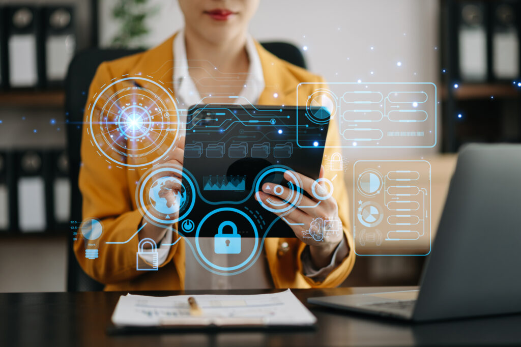 Cyber security data protection Business working on compute Intelligenc digital tablet global network connection data science digital marketing, Investment global in office